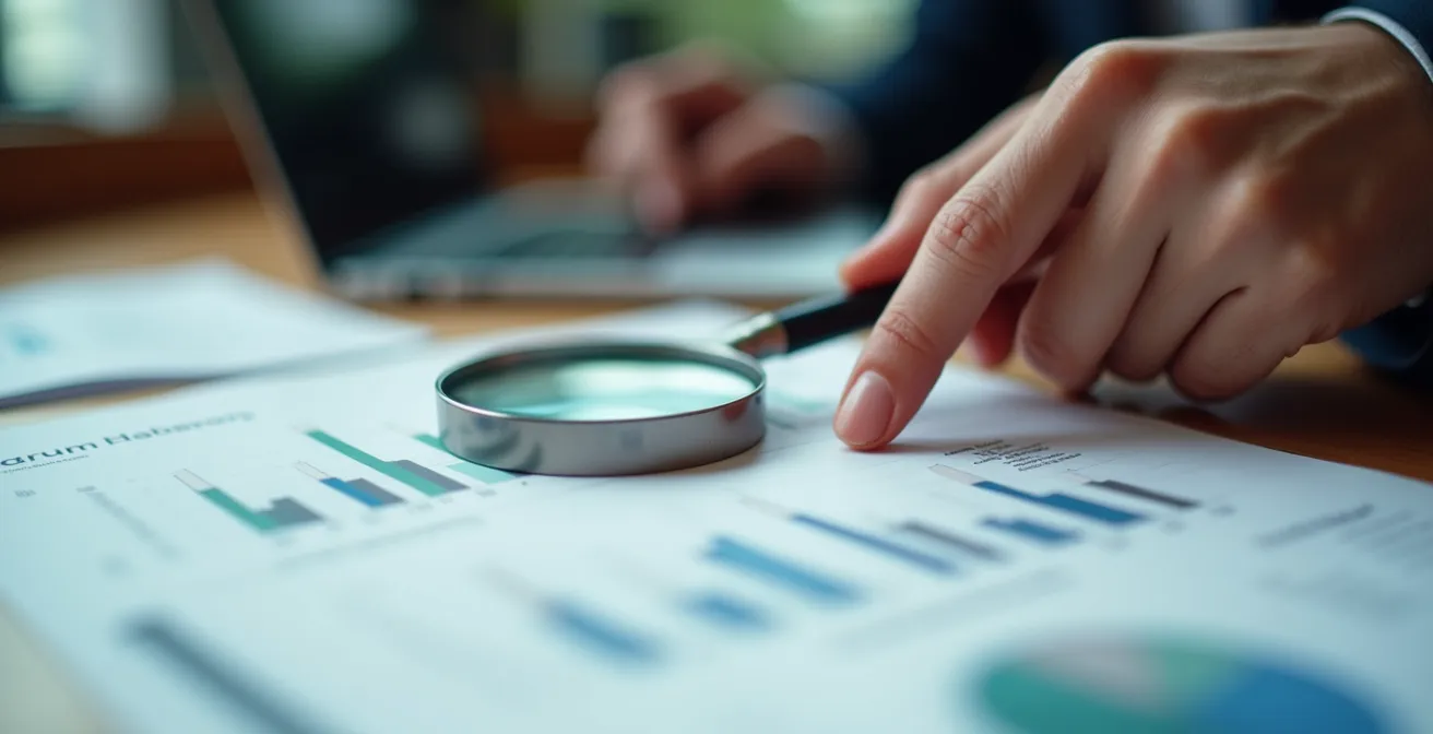 Main d'expert analysant des documents financiers avec une loupe professionnelle