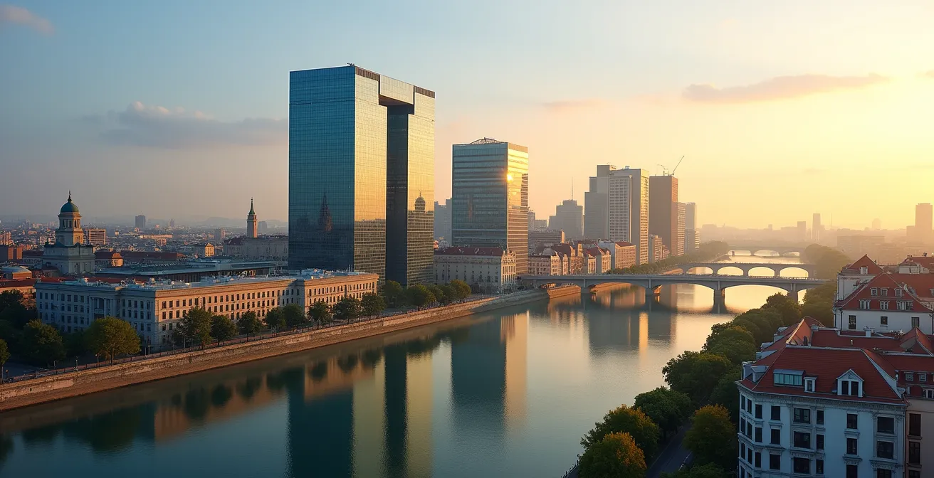 Vue aérienne stylisée du quartier des affaires de Bordeaux avec mise en évidence des institutions financières