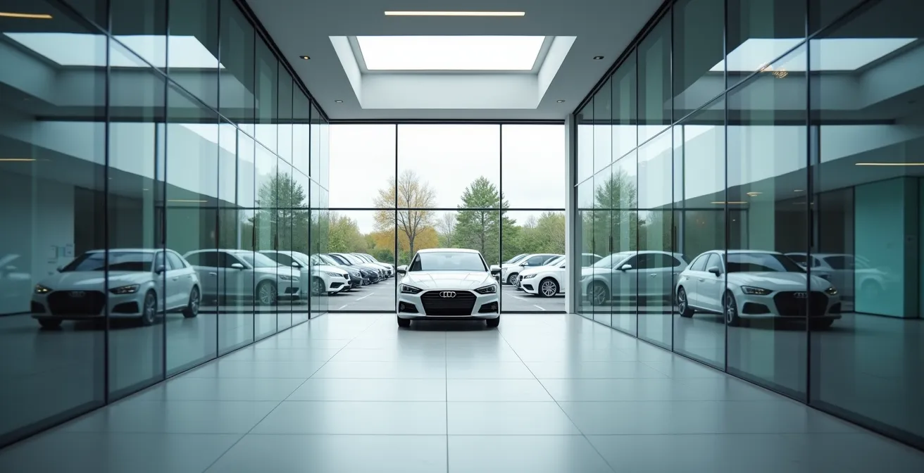 Axe Environnemental & Minimaliste : Espace de travail moderne avec vue sur parking d'entreprise