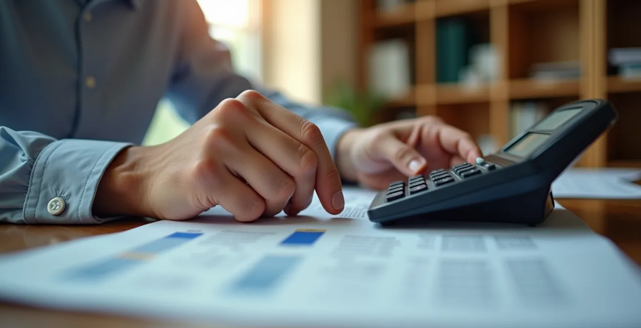 Axe Humain & Émotionnel : Expert-comptable concentré analysant des documents fiscaux avec une calculatrice