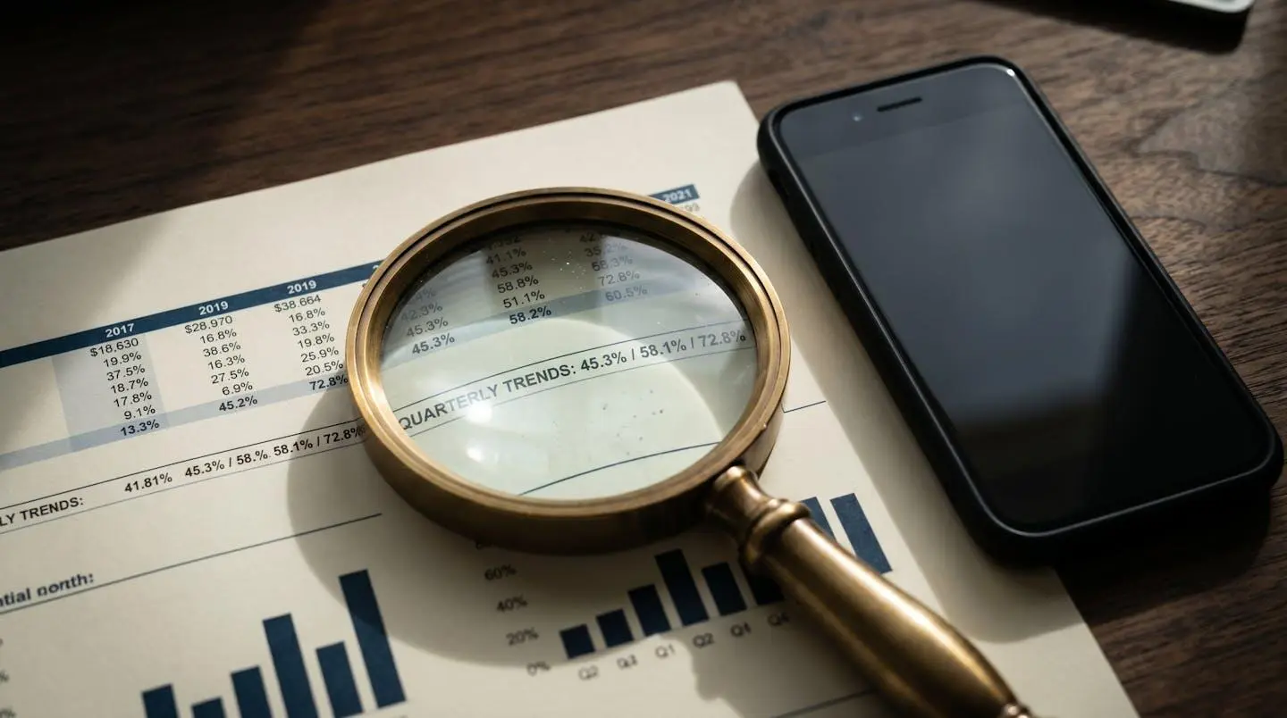 Loupe posee sur un document financier, symbolisant la verification et la vigilance.