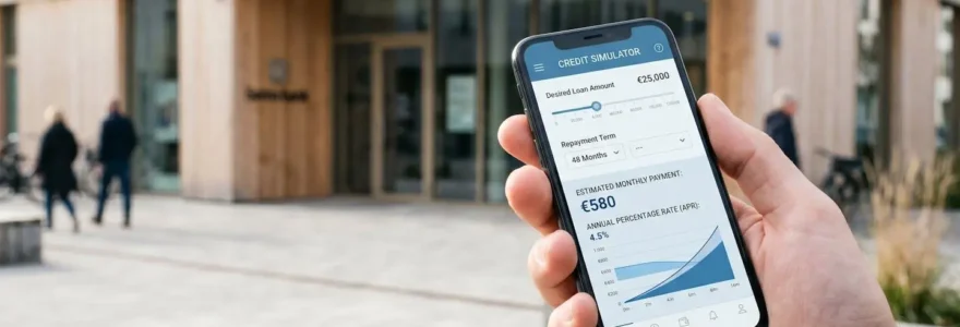 Main tenant un smartphone affichant un simulateur de credit, avec une agence bancaire en arriere-plan.