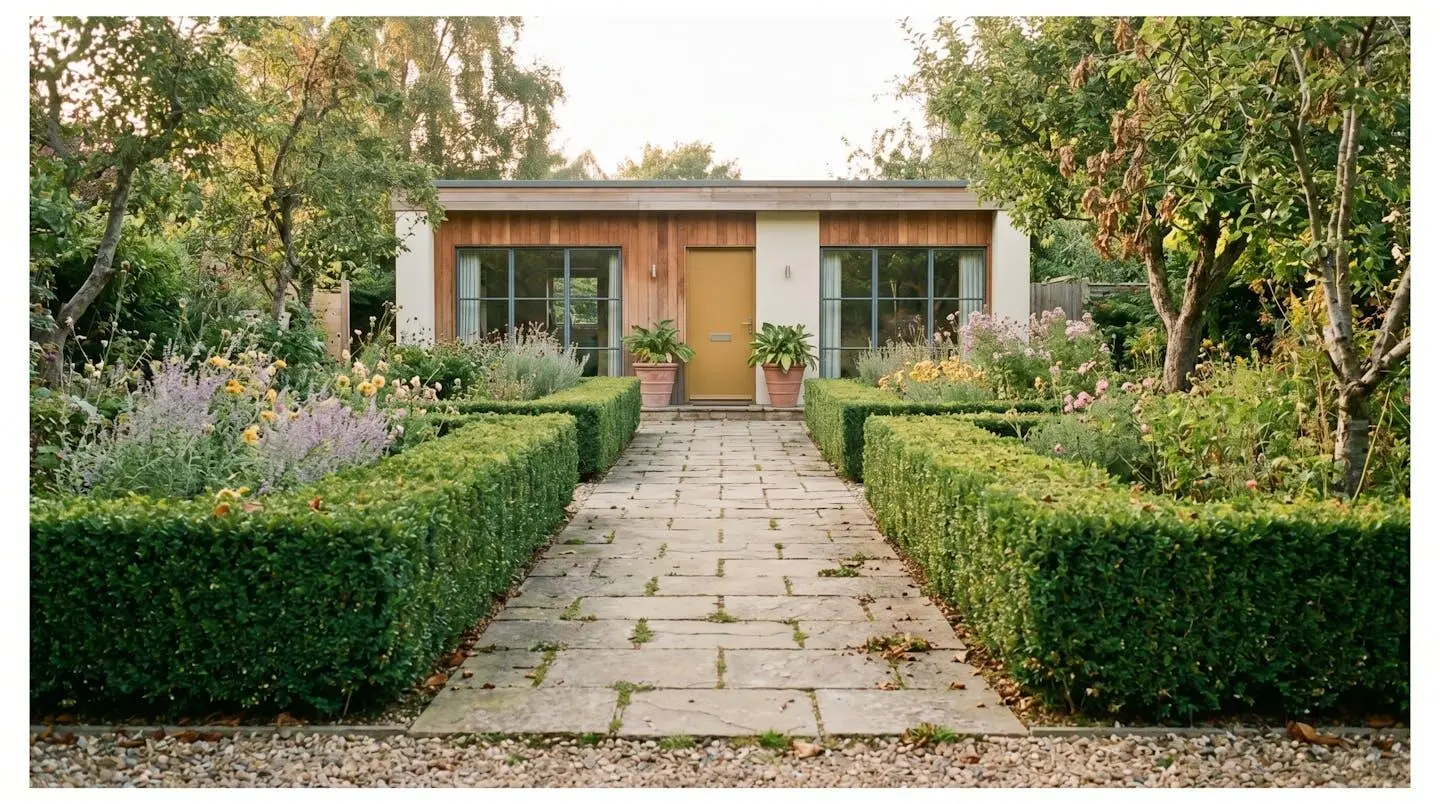 Allée de jardin symétrique bordée d'arbustes taillés menant vers une maison moderne en arrière-plan sous lumière dorée