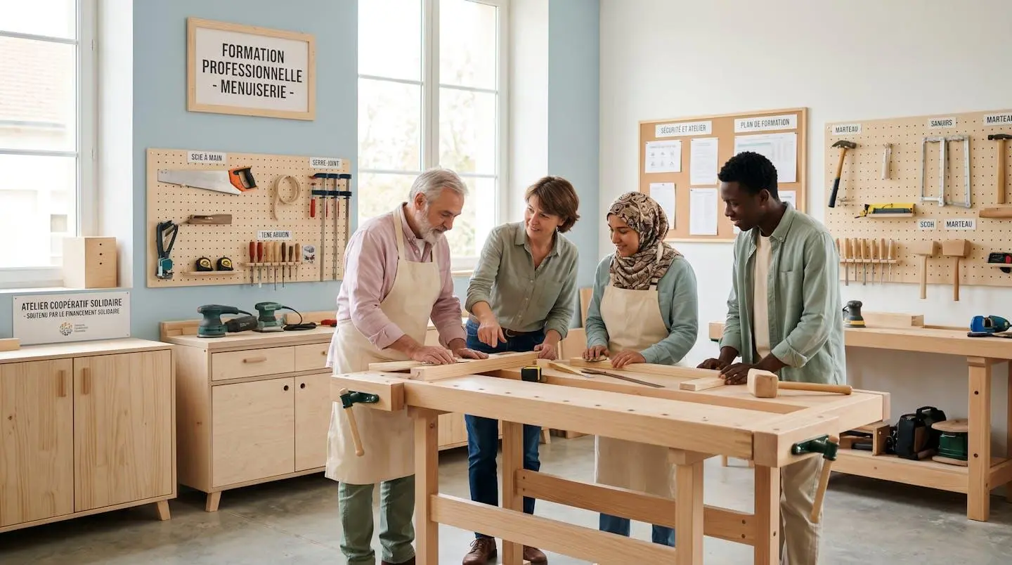 Atelier de formation professionnelle en menuiserie ou couture montrant trois personnes en apprentissage encadrées par un formateur, structure d'économie sociale et solidaire soutenue par la finance solidaire