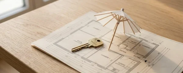 Clé de maison dorée posée sur plan architectural avec petit parapluie blanc symbolisant la protection, sur table en bois clair avec lumière naturelle douce