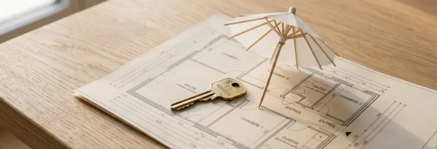 Clé de maison dorée posée sur plan architectural avec petit parapluie blanc symbolisant la protection, sur table en bois clair avec lumière naturelle douce