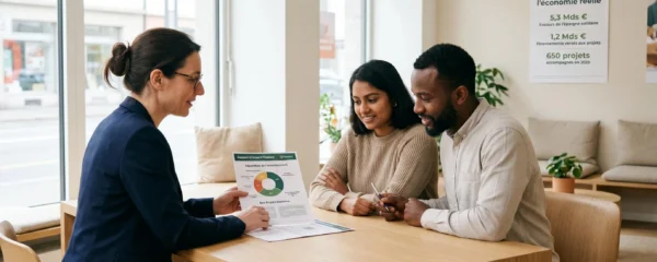 Conseiller bancaire et jeune couple examinant un rapport d'impact de finance solidaire affichant la répartition des fonds par secteur dans une agence lumineuse avec affiche Finansol en arrière-plan