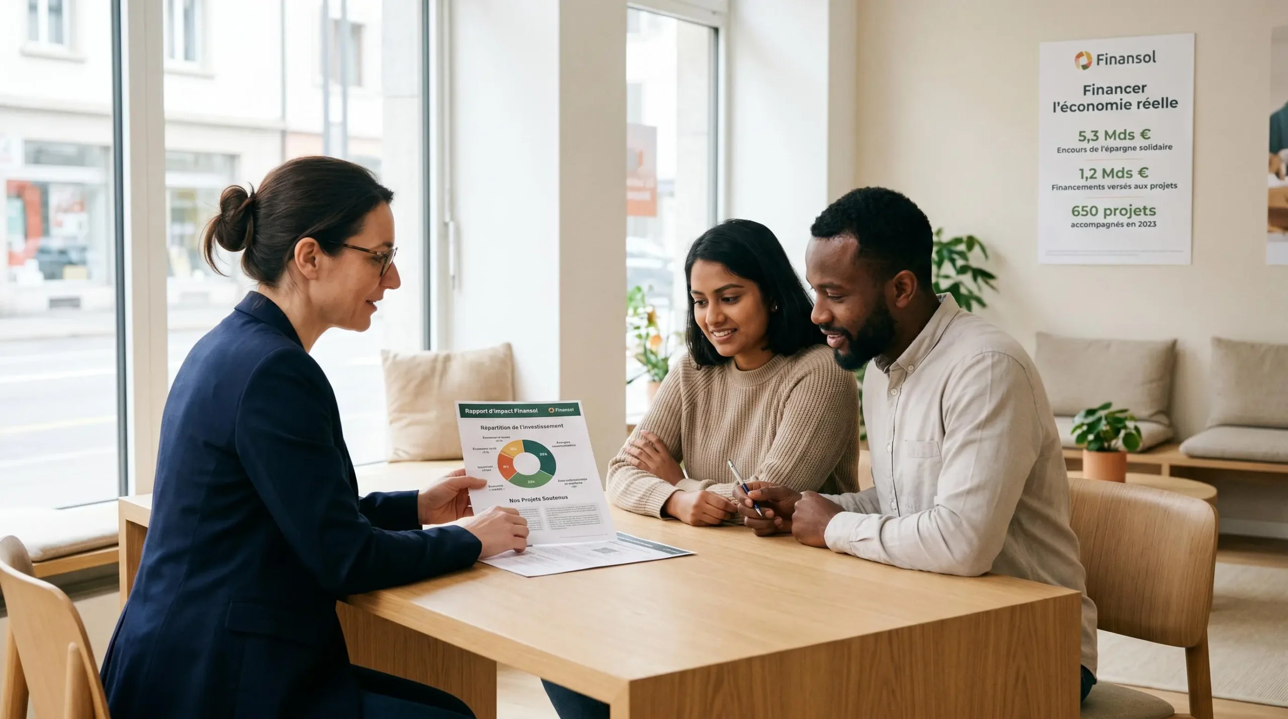 Conseiller bancaire et jeune couple examinant un rapport d'impact de finance solidaire affichant la répartition des fonds par secteur dans une agence lumineuse avec affiche Finansol en arrière-plan
