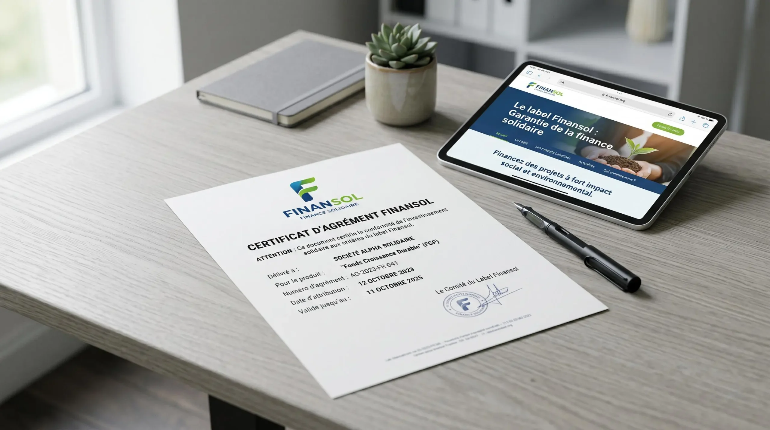 Document de certification Finansol officiel posé sur un bureau avec tablette affichant le site web Finansol, illustration de la vérification des labels de finance solidaire