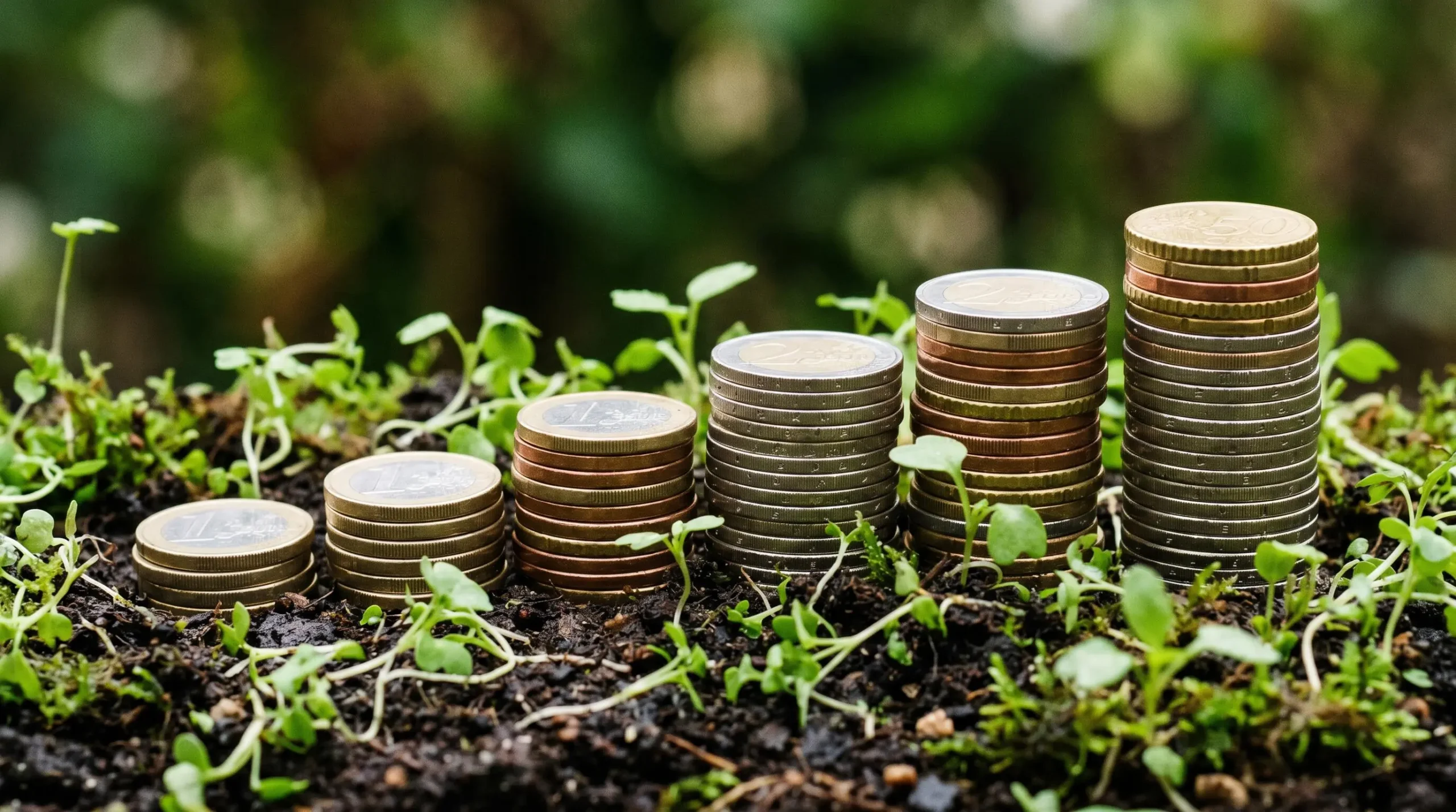 Gros plan macro sur piles de pièces euro de hauteurs croissantes entourées de jeunes pousses vertes dans du terreau, symbolisant la croissance progressive de l'épargne