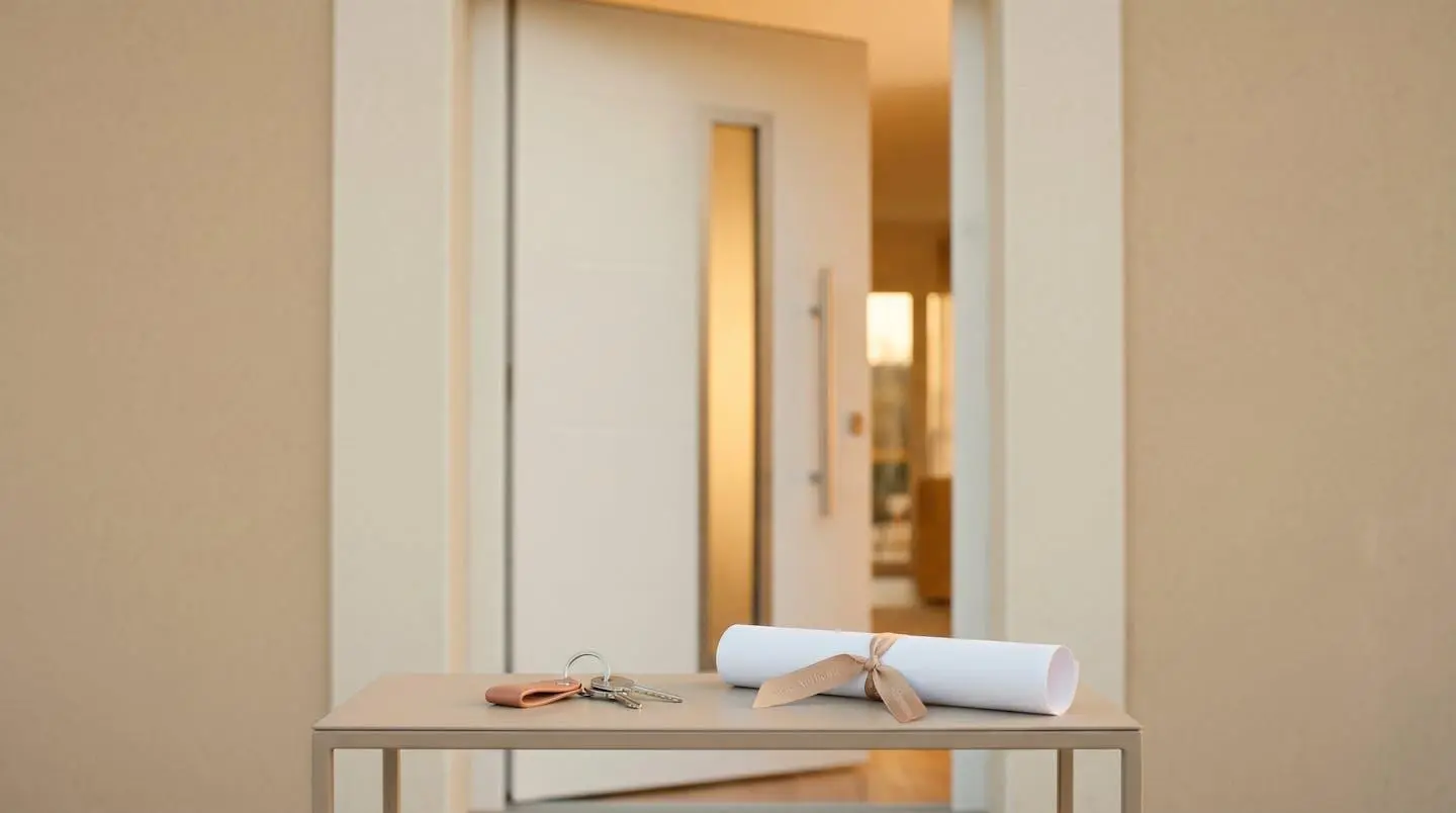 Porte d'entrée blanche contemporaine entrouverte laissant filtrer lumière dorée, avec au premier plan trousseau de clés et document roulé avec ruban sur table console, composition symétrique