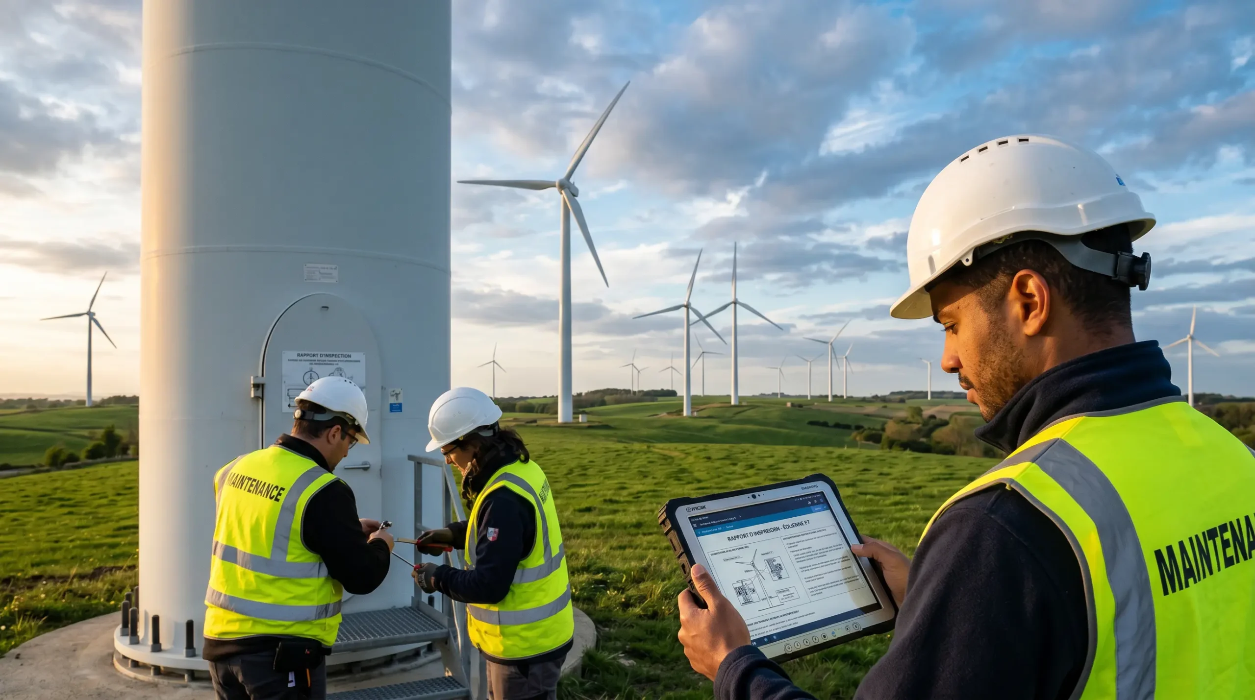 Techniciens en tenue de sécurité inspectant une installation d'éoliennes dans un parc d'énergie renouvelable en France, exemple concret de projet financé par l'épargne solidaire