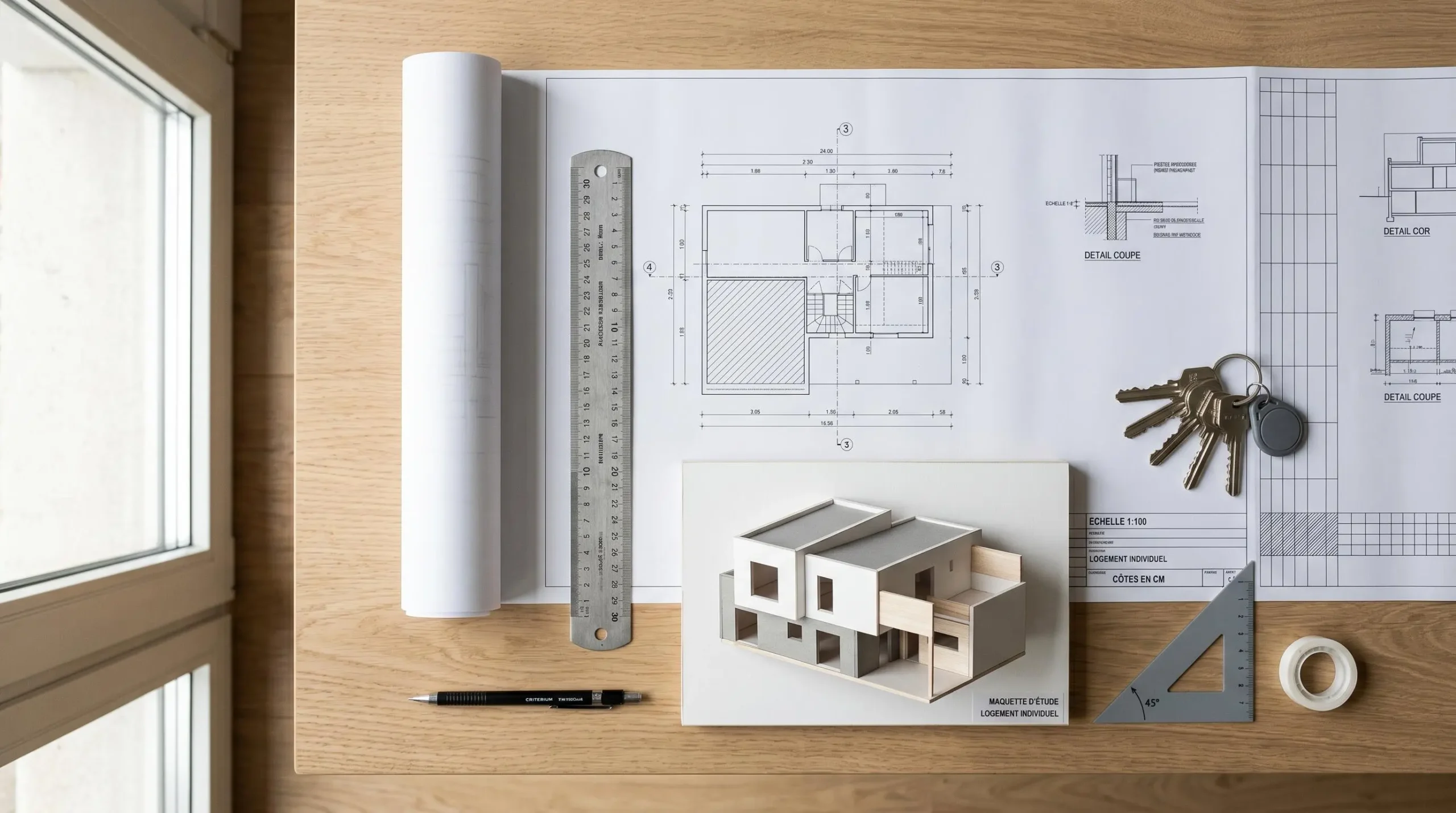 Vue aérienne d'une table d'architecte avec plans techniques, règle métallique, clés modernes et maquette blanche de maison dans une composition géométrique épurée