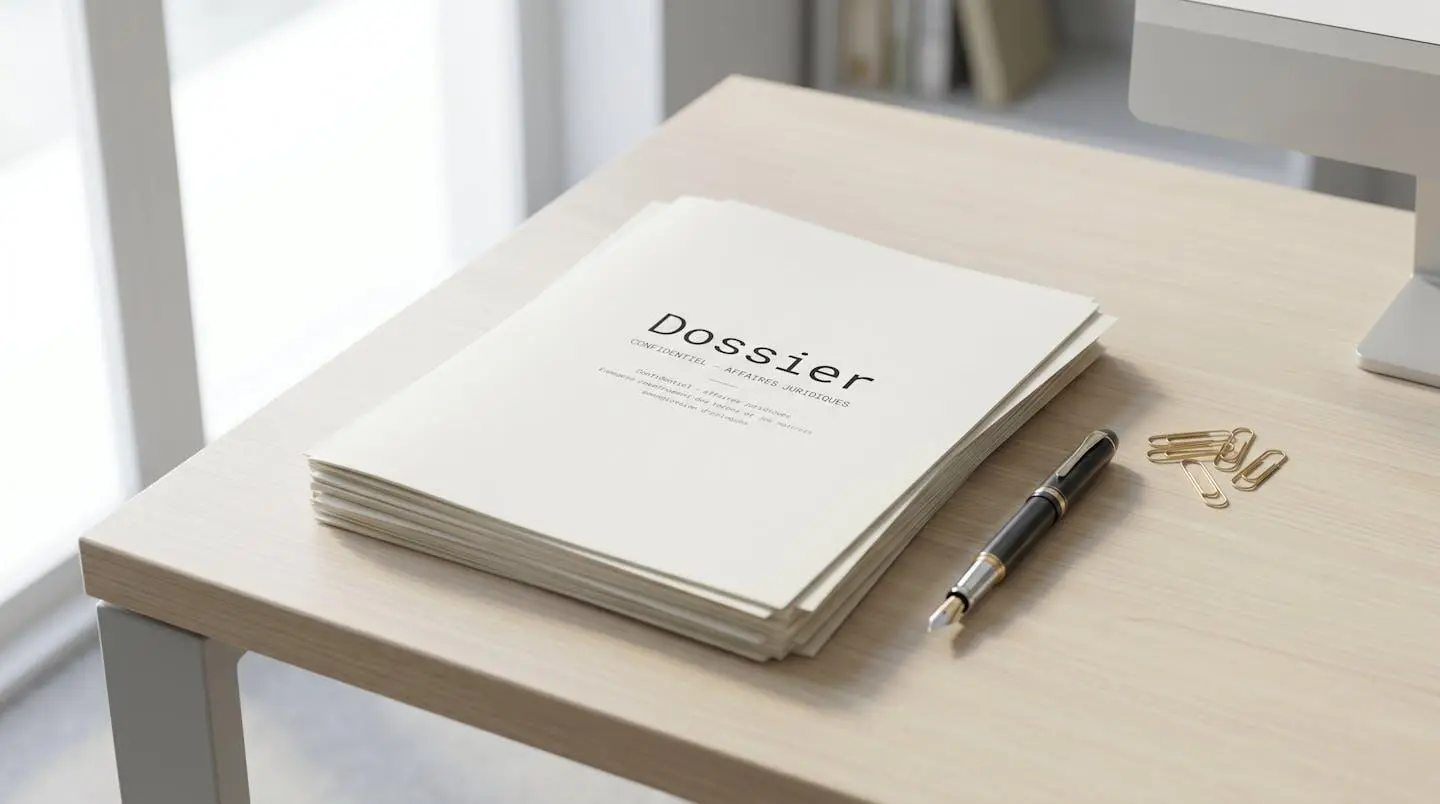 Vue de dessus d'un classeur bleu marine ouvert entouré de documents administratifs blancs organisés en éventail, trombones dorés, tampon 'Validé' en français et stylo plume sur fond gris clair