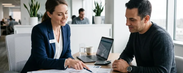 Un conseiller bancaire explique des documents de regroupement de crédits à un client lors d'une consultation dans un bureau professionnel neutre.
