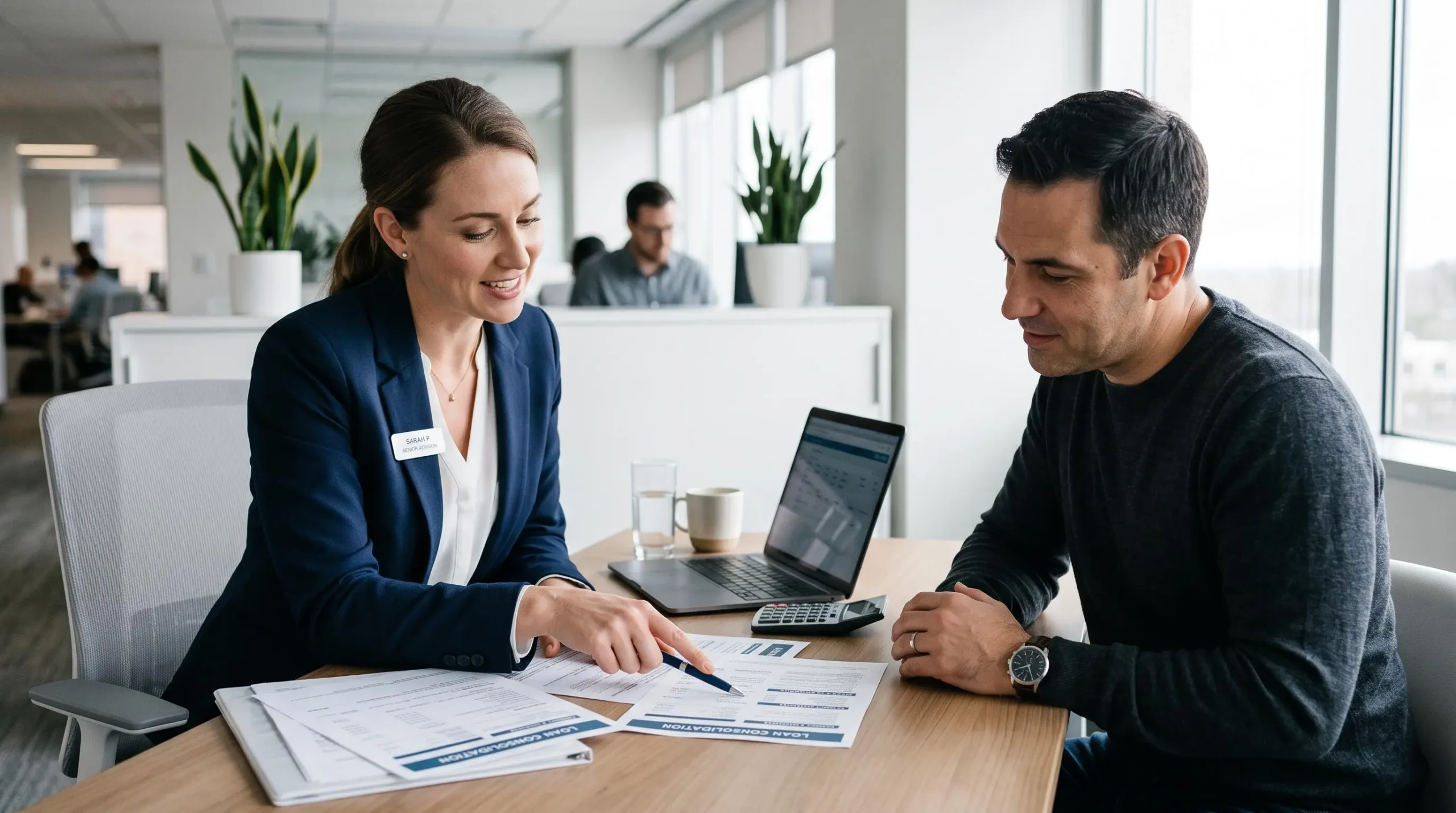 Un conseiller bancaire explique des documents de regroupement de crédits à un client lors d'une consultation dans un bureau professionnel neutre.