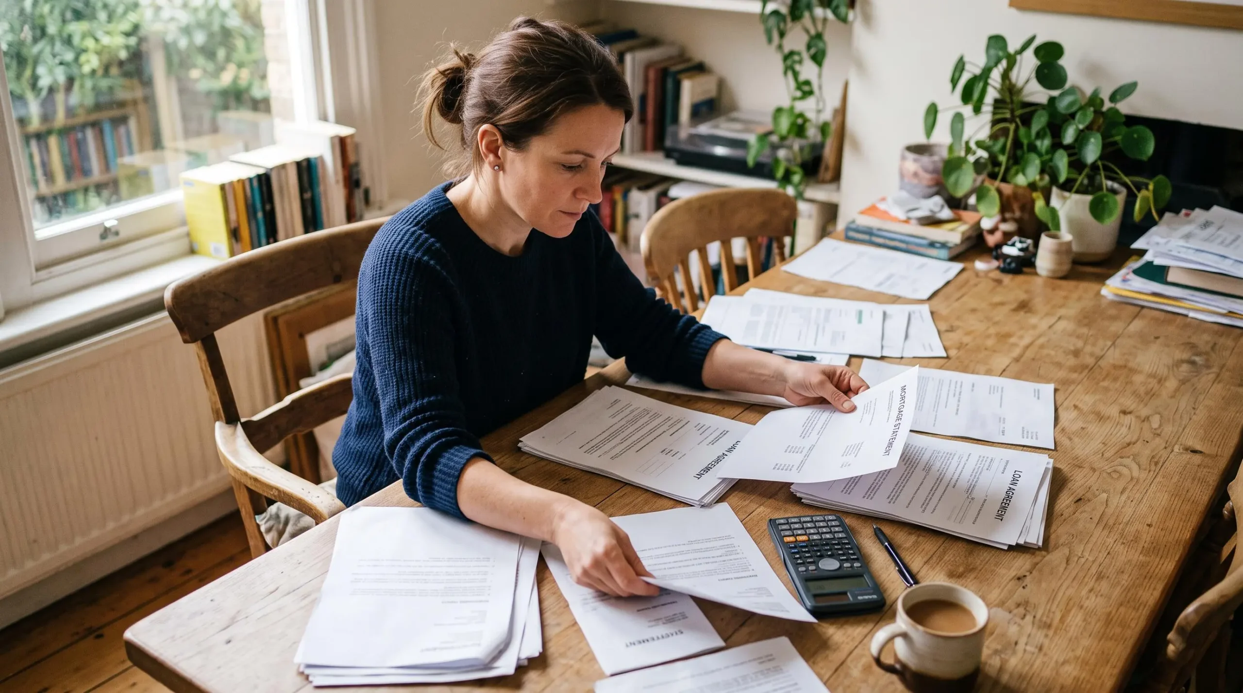 Une personne organise plusieurs documents de crédit et relevés bancaires sur une table à son domicile, avec une calculatrice à proximité.