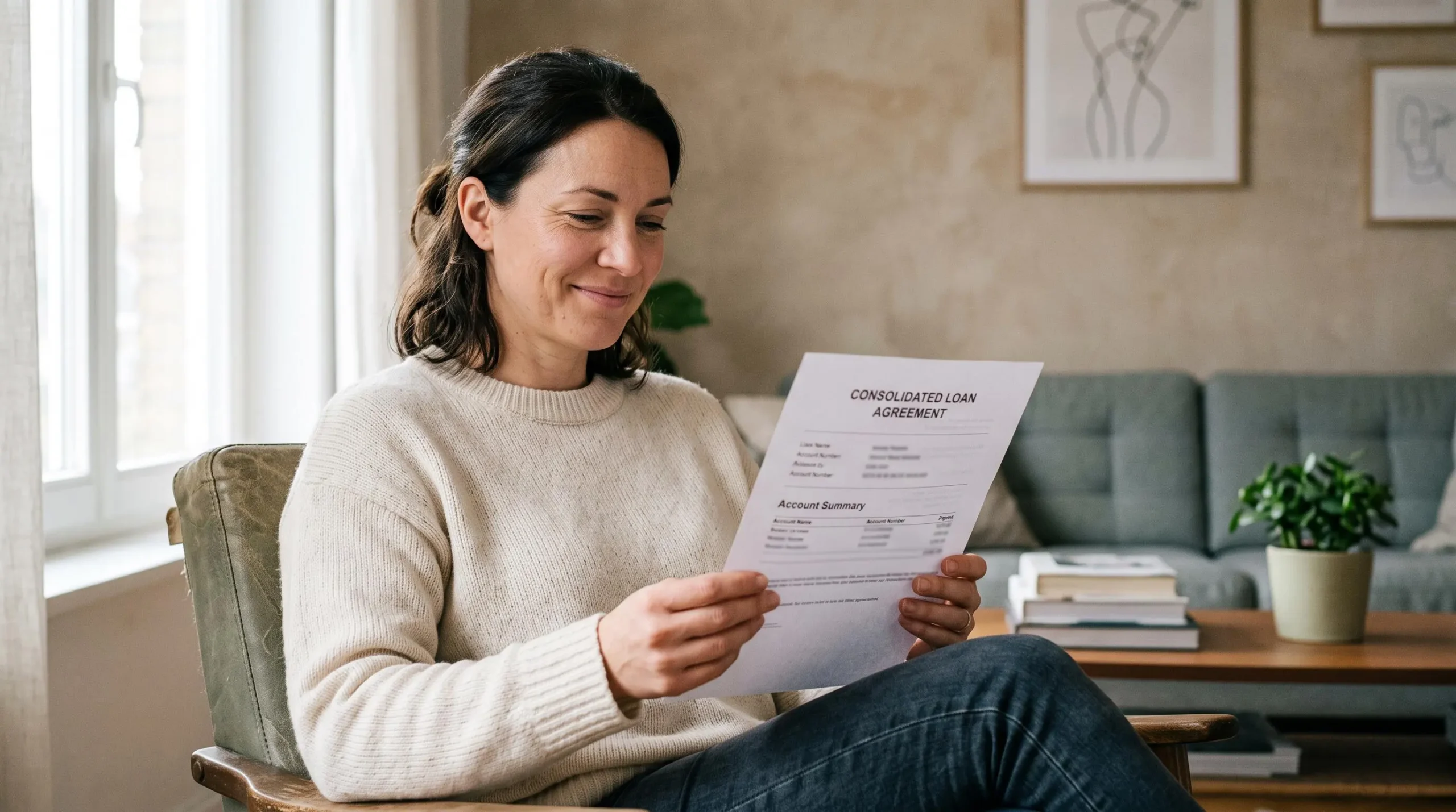 Une personne dans son domicile tient sereinement un document de crédit unique, avec une expression de soulagement et de satisfaction.